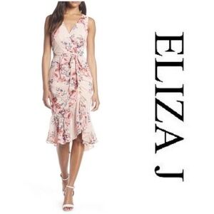 NWOT Eliza J Sleeveless Floral Ruched Chiffon Faux Wrap Blush Dress Size 10
